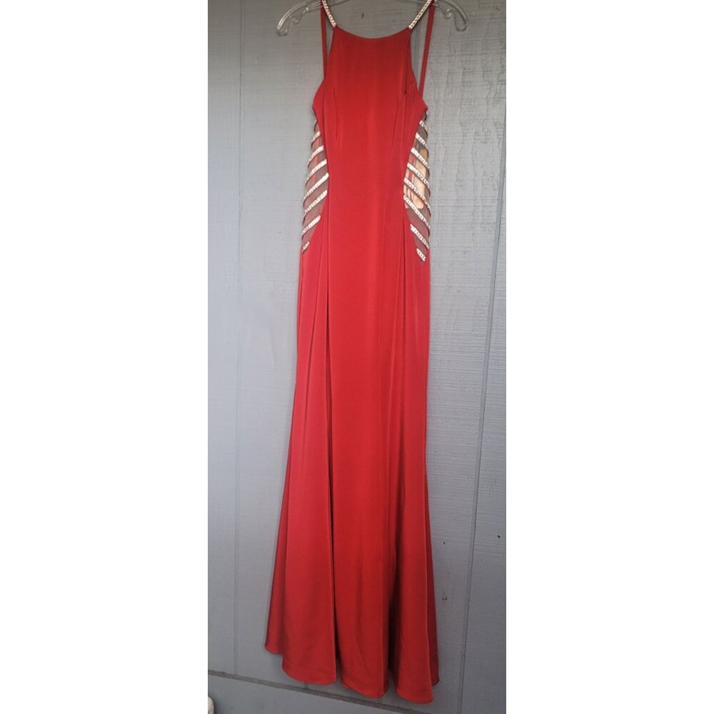 La Femme High Neck Beaded Side Cut Outs Prom, Bridal, Evening Maxi Dress. Size 4 - Picture 2 of 12